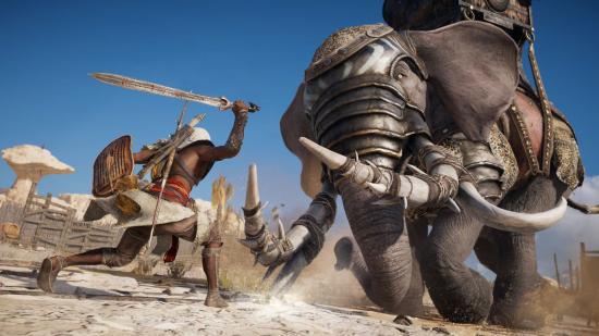 A clash against a war elephant in one of the best action-adventure games, Assassin's Creed Origins