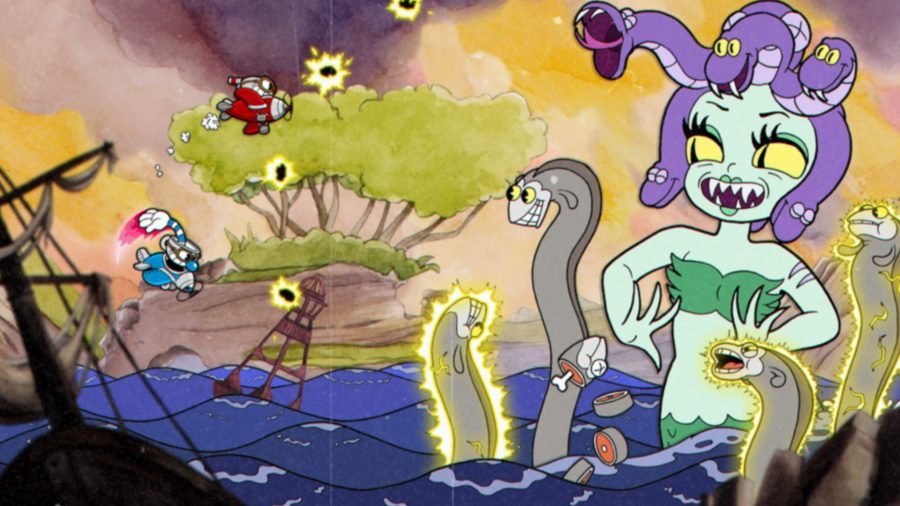 Cuphead and Mugman in planes fighting a villainous medusa in Cuphead, one of the best co-op games