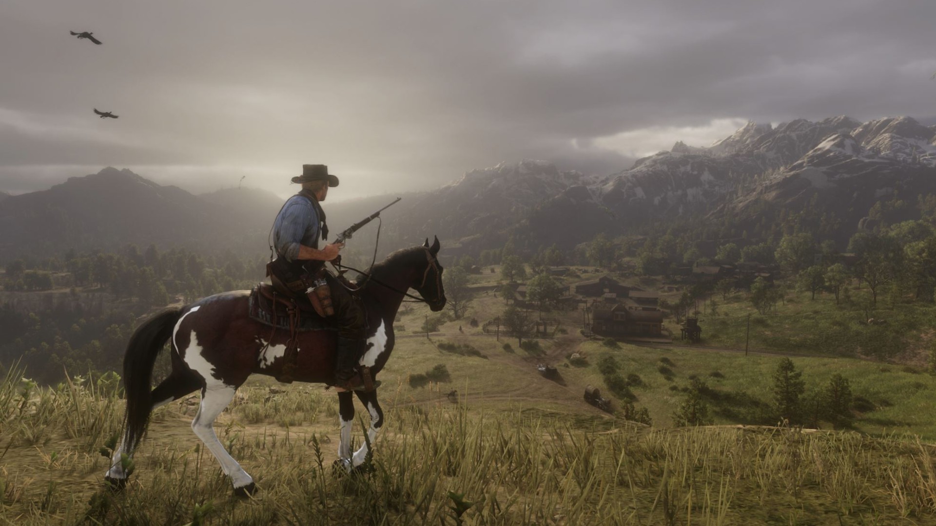 Best open-world games: Arthur Morgan riding on horseback across the mountains of rural America.