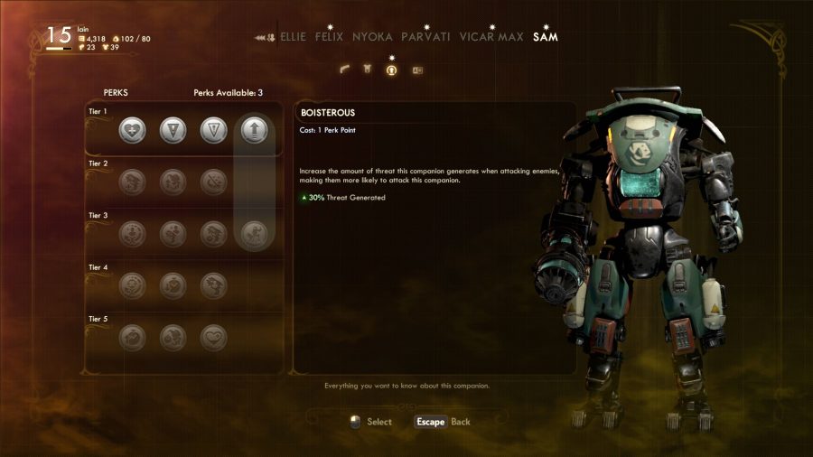 The Outer Worlds companion sam stats in the menu