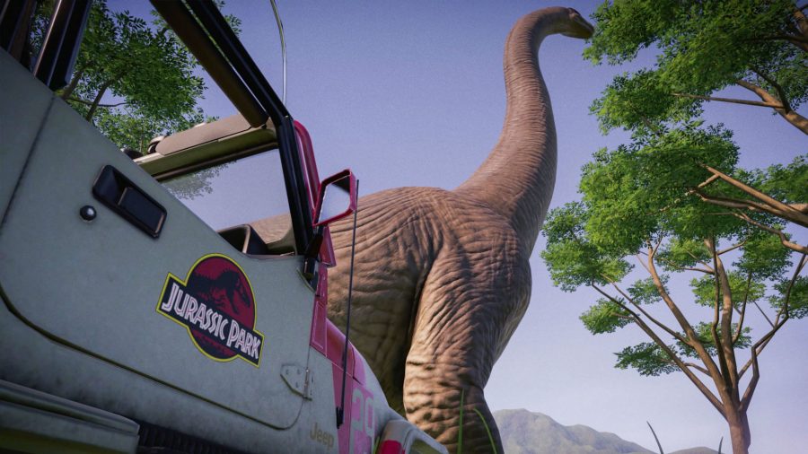 A brachiosaurus towering about the Jurrassic Park jeep in Jurassic World Evolution