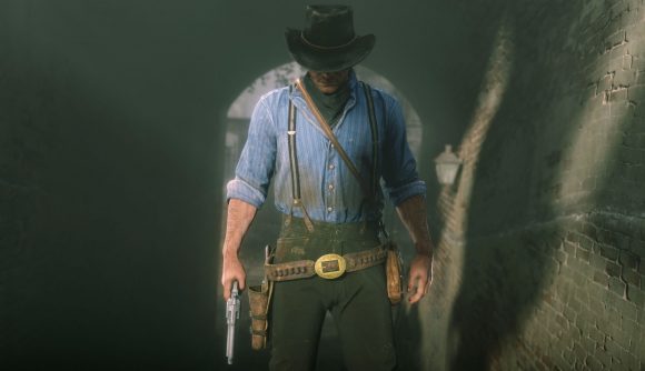 A cowboy with his gun drawn