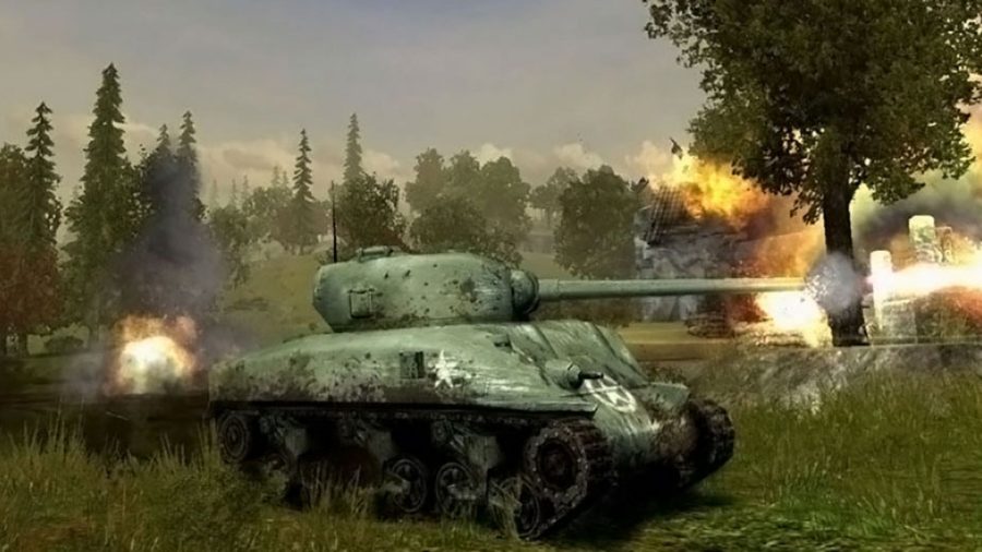 A tank mid-battle in one of the best tank games, Panzer Elite Action