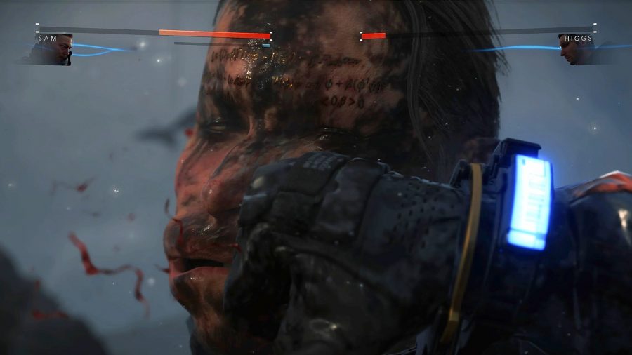 Higgs being punched in the face in Death Stranding