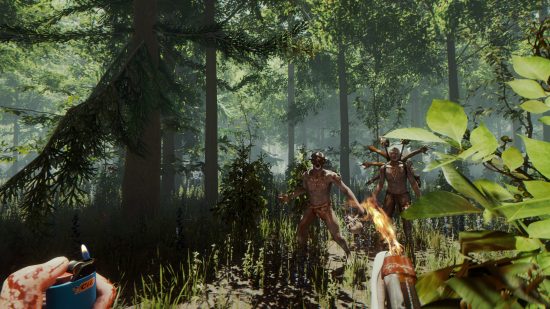 The best The Forest mods: The player stood facing some cannibals with a molotov in one hand, and a lighter in the other.