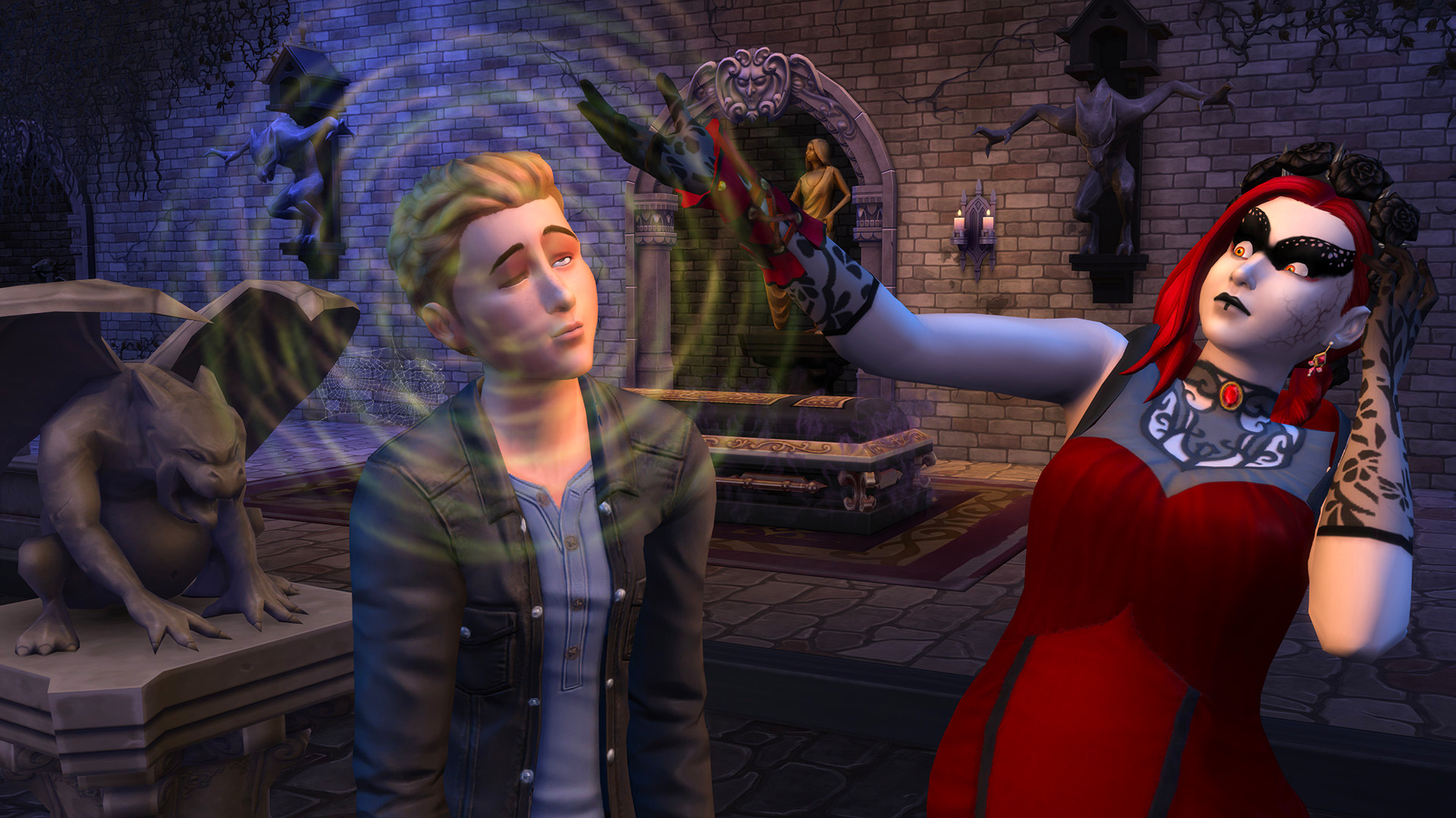 Một sim bị mê hoặc bởi một cô gái goth trong trò chơi ma cà rồng The Sims 4 Vampires Mở rộng