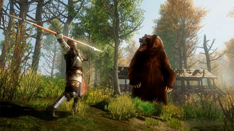A player attacking a bear with a spear in New World