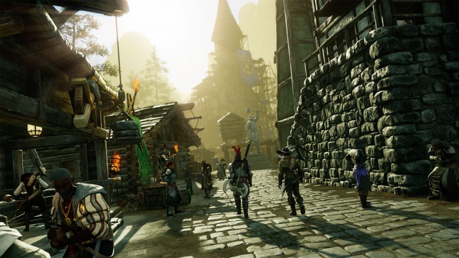 Players walking through cobbled streets of a New World settlement
