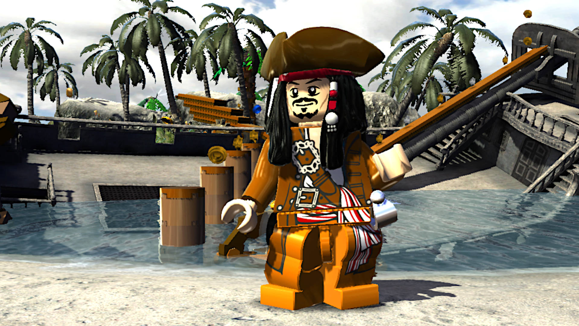 Best Pirate games: a Lego version of Captain Jack Sparrow, standing next to a sunken ship.