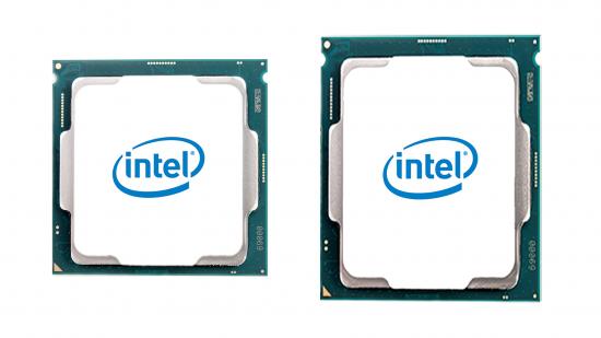 A photo of an Alder Lake CPU with its LGA 1700 attatchment, next to a previous generation Intel chip
