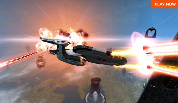 Best free PC games: Star Trek Online. Image shows a federation ship in battle.