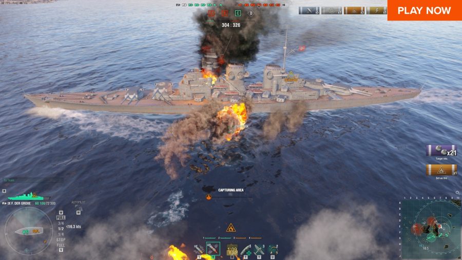 A warship is in the process of exploding in one of the best free Steam games, World of Warships