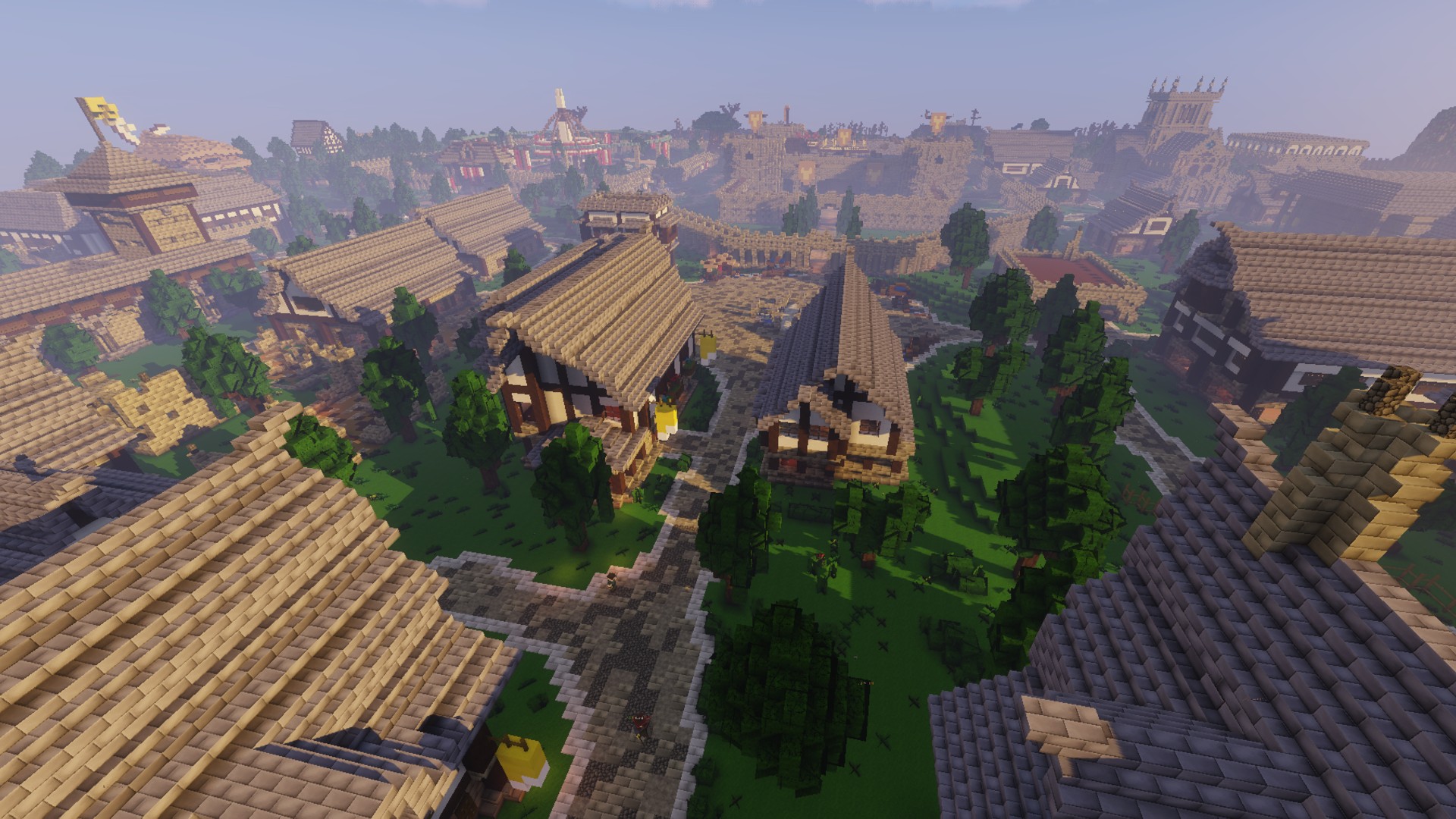 Best Minecraft servers: an aerial shot of a large town in the Minescape server.