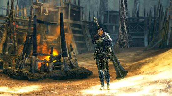 Guild Wars 2 character stood next to a camp fire