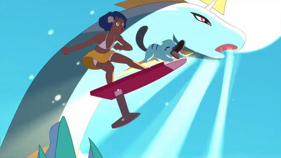 A temtem tamer riding a surfboard with a platypet
