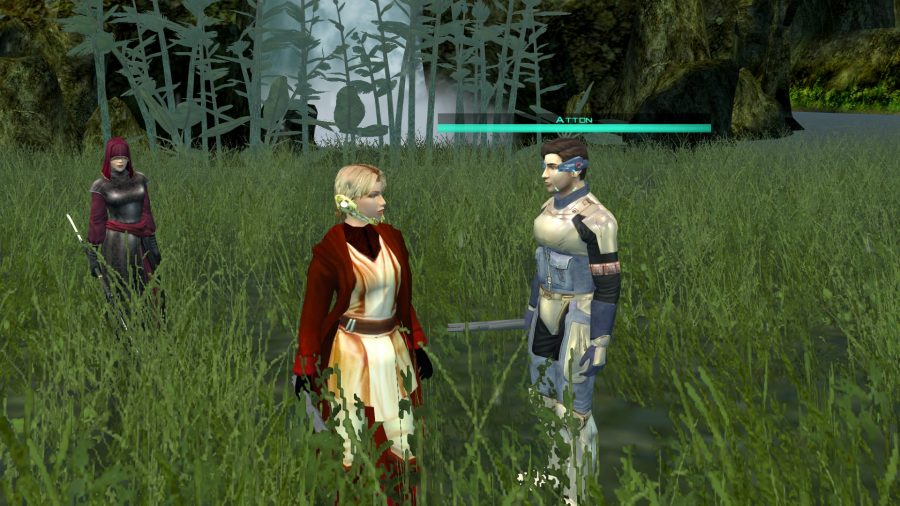 Atton Rand and the Exile gaze into each others eyes in KotOR II.