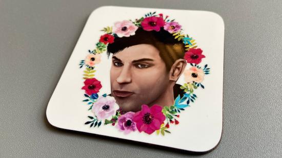 Atton Rand from Star Wars: Knights of the Old Republic 2 - on a coaster, surrounded by flowers.