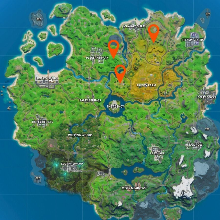 A map showing the 3 locations you'll need to visit for the new Fortnite challenges