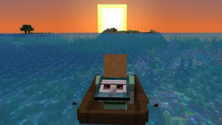 The player is sailing in a boat in Minecraft, heading towards the sunset in the distance. An island can be seen in the horizon.