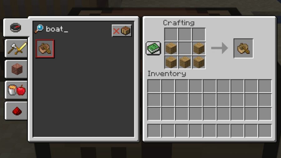 This is the Minecraft boat recipe. To craft it, take five of any type of wood, then place one wood planks in every space on the bottom row. Then put two more planks on the left and right spaces in the row above it.