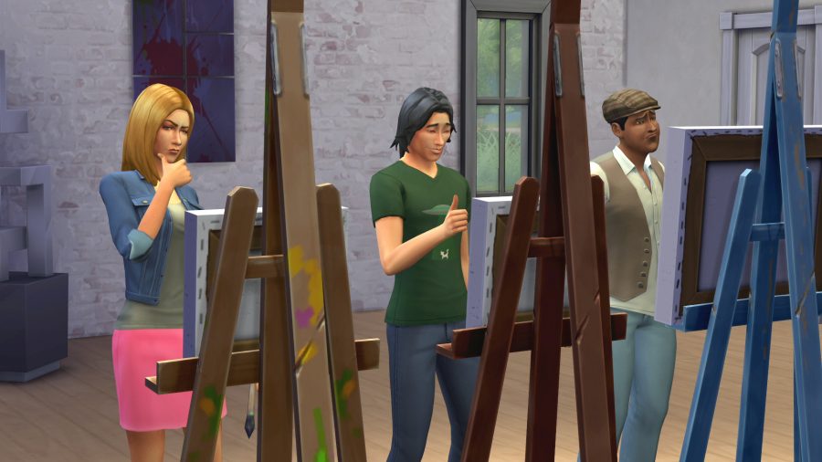Sims debout devant des chevalets, peignant vraisemblablement leur successeur idéal dans les Sims 5