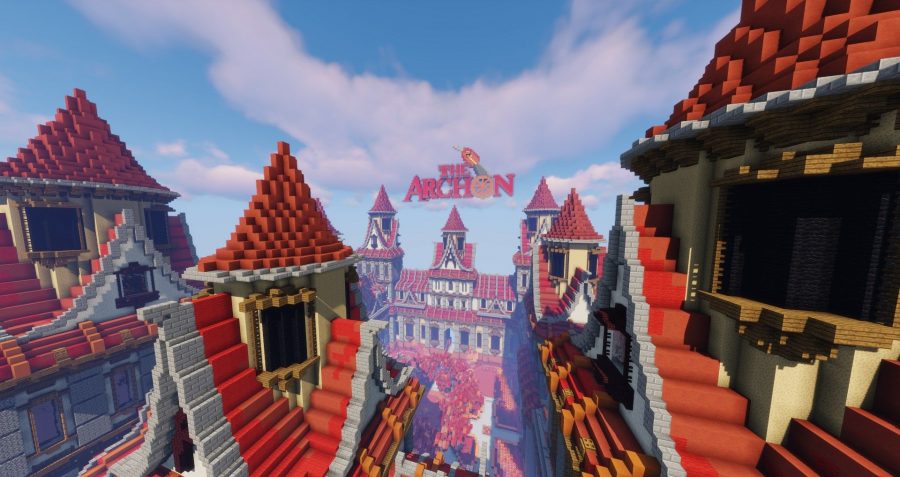 Imponentes edifícios vermelhos contra um céu azul em The Archon, um dos melhores servidores de minecraft