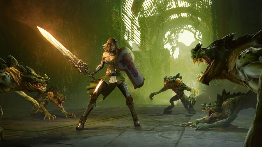 The best MMORPG - a lone warrior fighting against feral lizards in Skyforge.