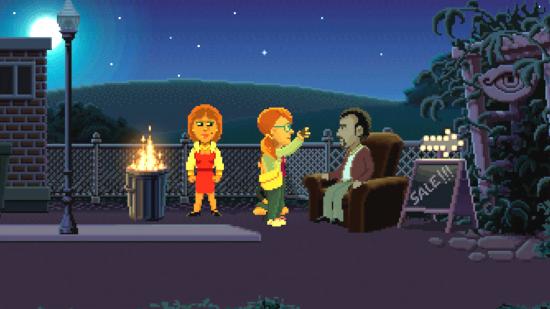 Free GOG games: A woman is taking a photograph of a man sat on an armchair. Another woman is standing next to a trash can on fire.
