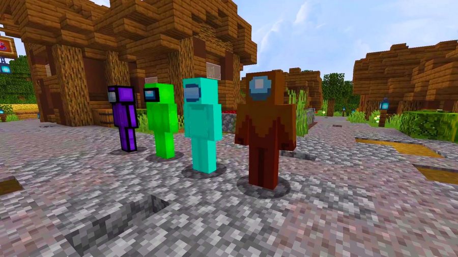 Minecraft skins: - four players with Among Us skins standing in a village.