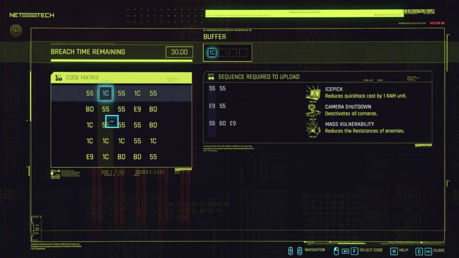 Le mini-jeu de piratage dans Cyberpunk 2077. Vous devez sélectionner des nombres pour créer la séquence.