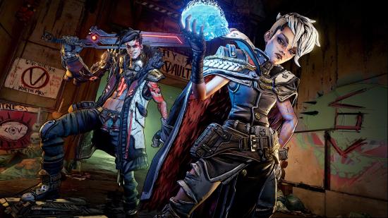 Two of the principle Borderlands 3 characters posing with their weapons