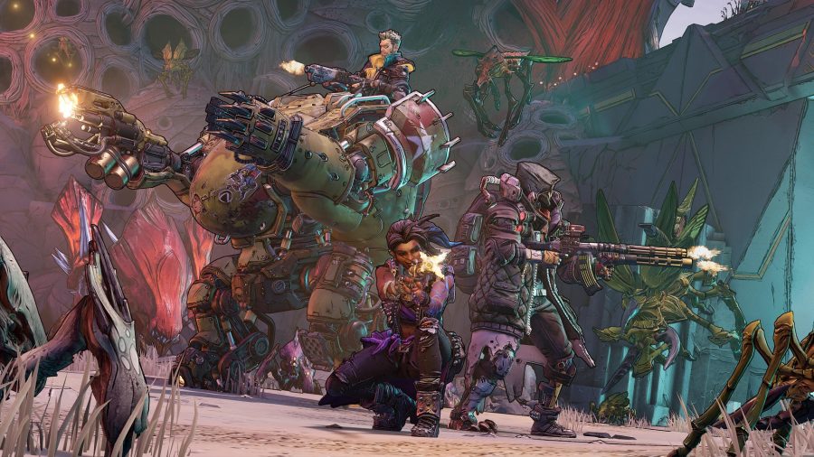 Three of the playable Borderlands 3 characters back-to-back with guns raised
