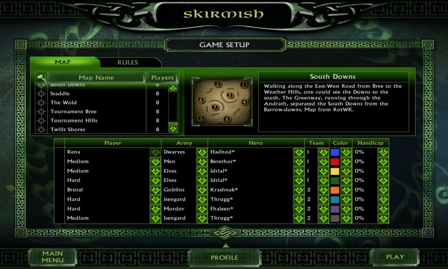 The game setup menu showing the South Downs map, and a whole host of AI set with various difficulties. Each army is separated into two teams.