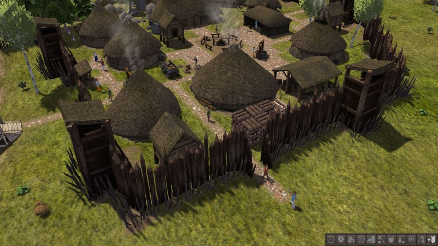 Several villagers off to work in the fields outside their Celtic village. The village itself is full of houses with thatched roofs, and a fire pit is smouldering in the town centre.