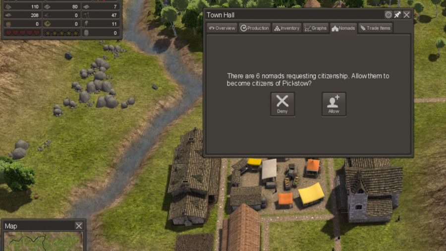 A prompt has appeared on screen asking if the player wishes to allow six Nomads to become citizens of Pickstow.
