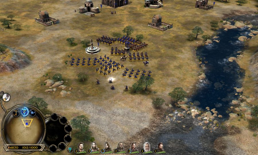 पुरुषों की एक पूरी सेना, जिसमें कई पौराणिक नायकों जैसे आरागॉन और गंडालफ शामिल हैं, एक स्मारक के करीब खड़े हैं। वहाँ