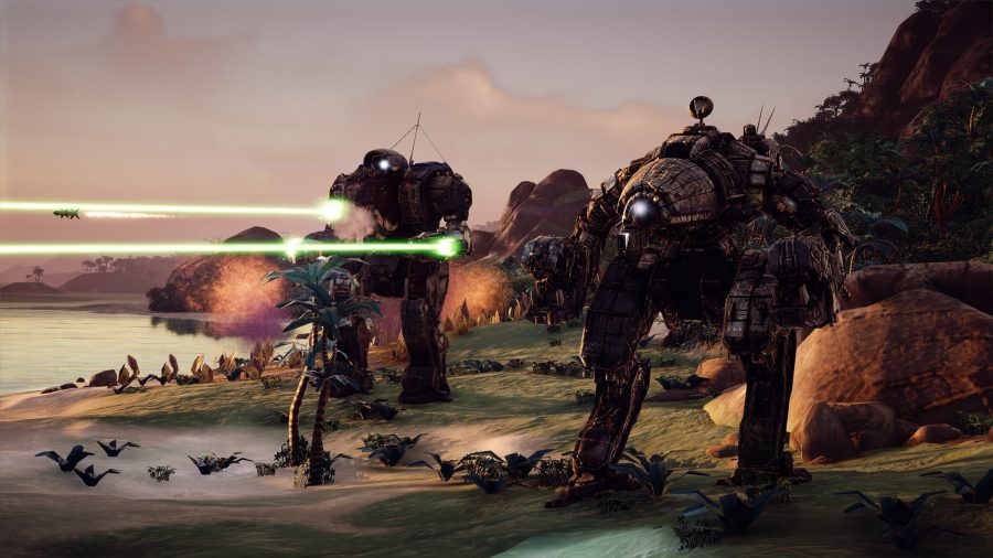 several mechs stand on a shore, one if firing laser weapons