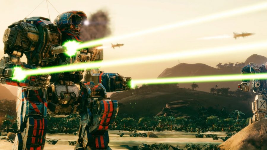 a mech firing three laser weapons at once