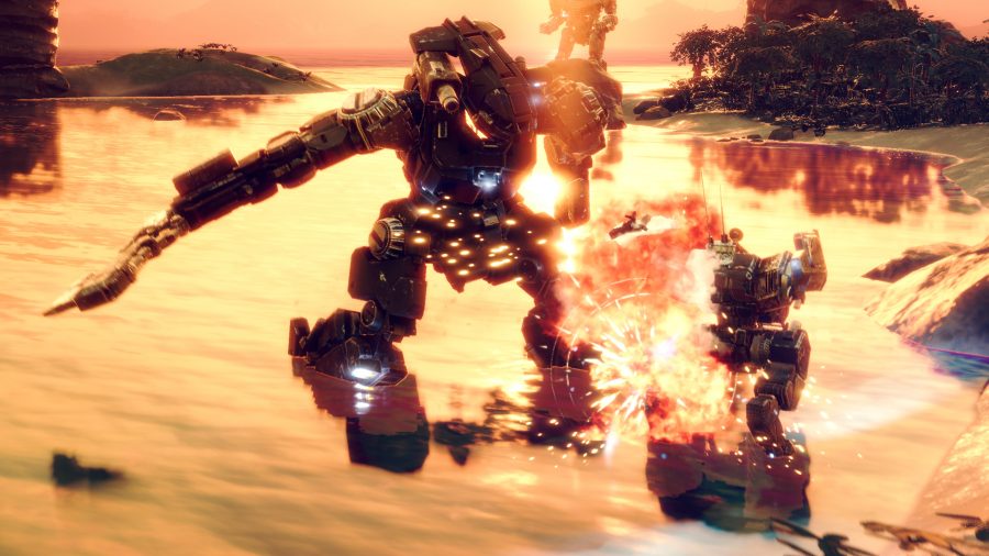 a mech slices through another, which explodes