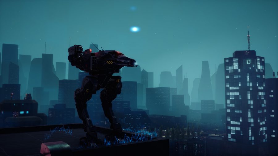 a small scout mech sitting atop an urban building