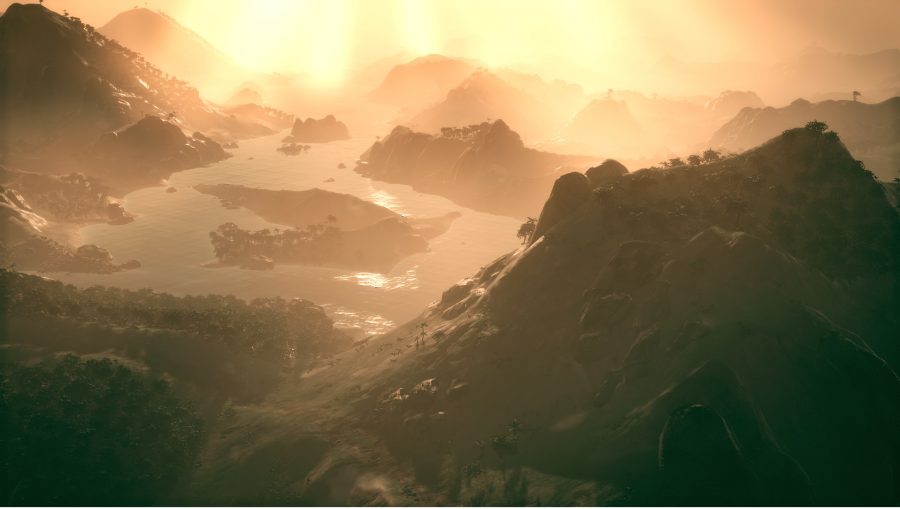 a wide shot of a lake and some hills on an alien world
