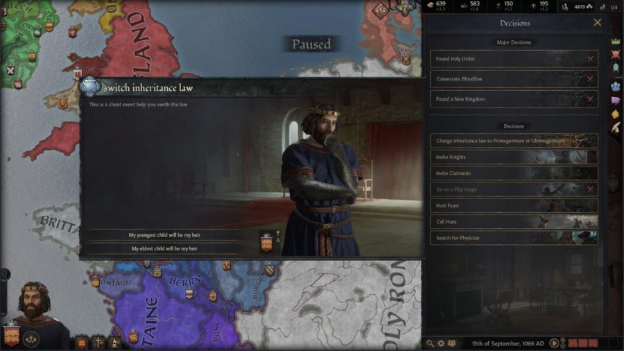 Decision screen to allow the player to switch the inheritance law. The choice is to name the eldest or youngest child the heir.
