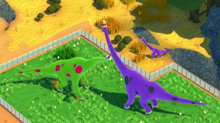 Two brightly coloured dinosaurs wonder around inside a pen in dino game Parkasaurus