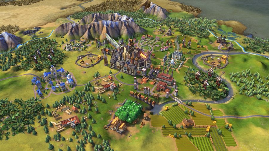 A civ 6 city on grasslands. There is a river, and an aqueduct coming from a nearby mountain