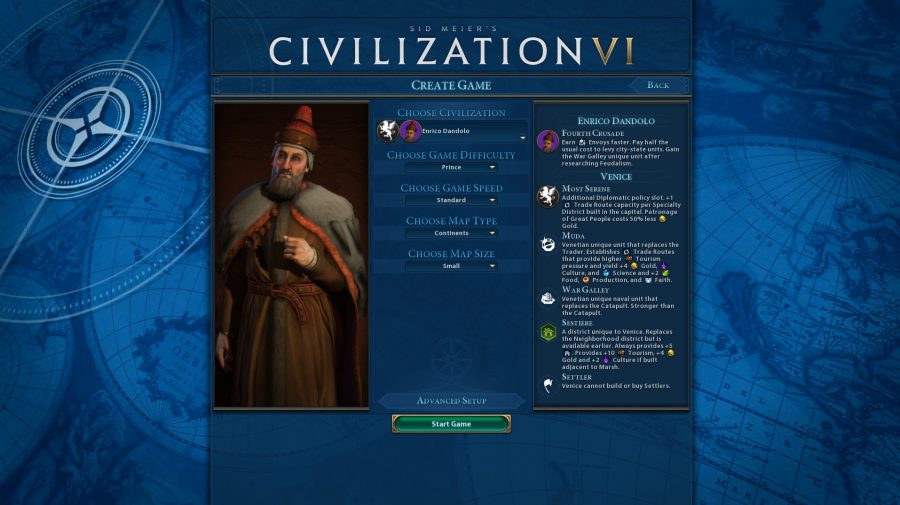A custom version of the Venice civilization, showing abilities and information