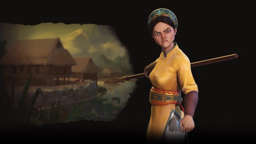 A Vietnamese lady with spear looking angry and pointing behind her