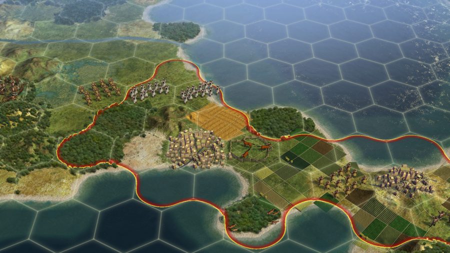 A city in Civ 5 on the coast, controlling an isthmus, surrounded by units.