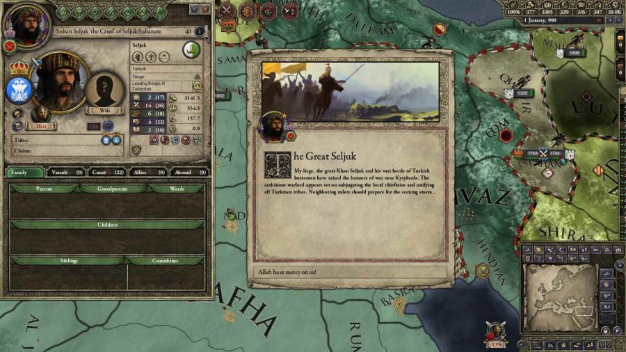 A worrying message has appeared on screen. The Khan Seljuk has rallied his Turkish horsemen and raised the banners near the player's territory.