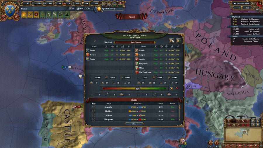A screen from Europa Universalis IV showing the War of the League of Cambrai. It shows the alliance's goals and which nations are allies/enemies.