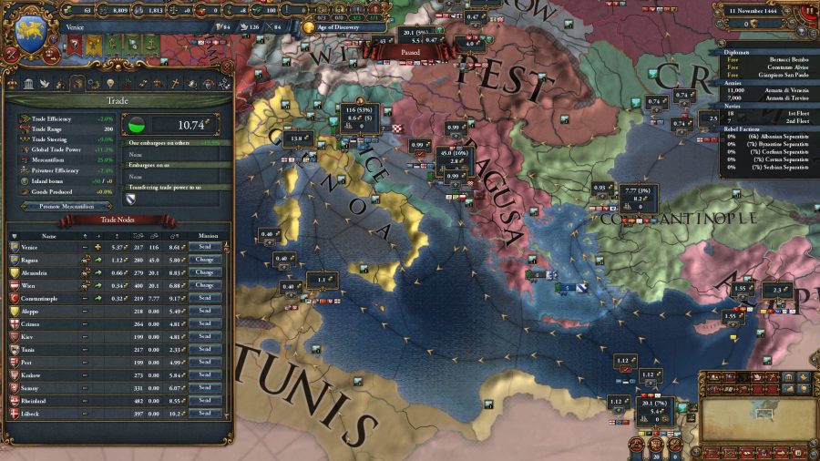 The trade screen from Europa Universalis IV. It focuses on the trade between Venice and its neighbours. 